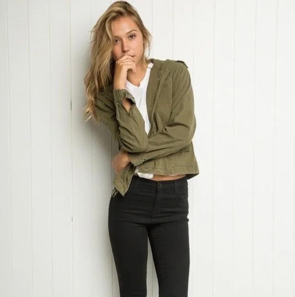Brandy Melville Army Green Button Zip Front Hailey Utility Military Jacket